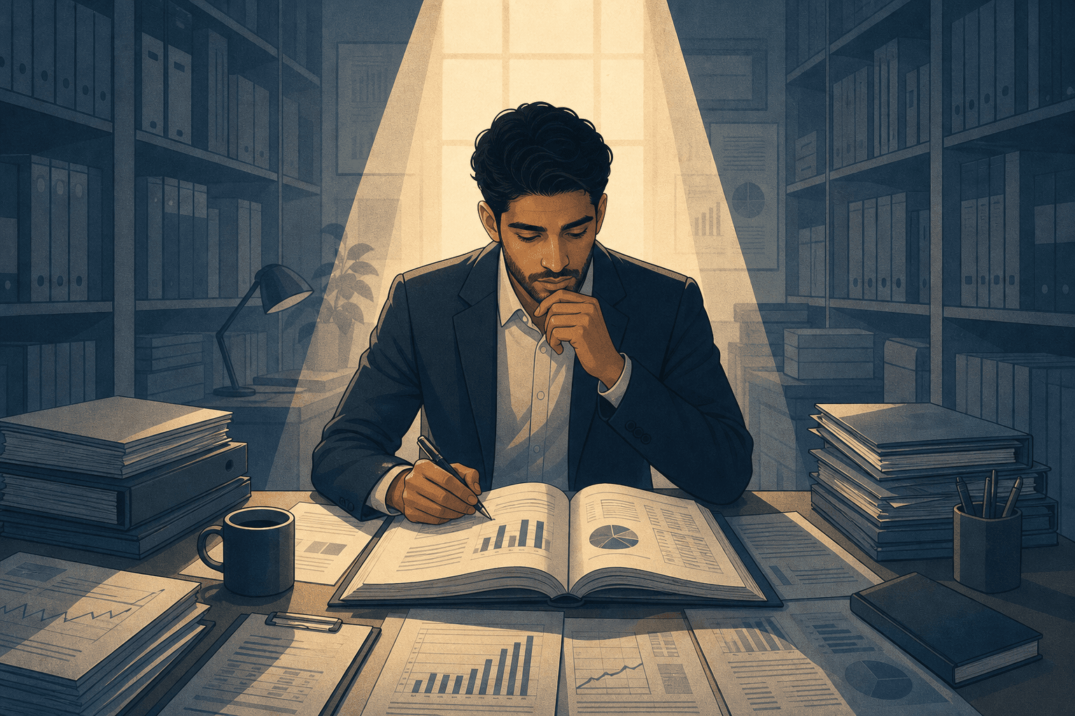 Editorial illustration of an analyst reading an annual report under warm focused light