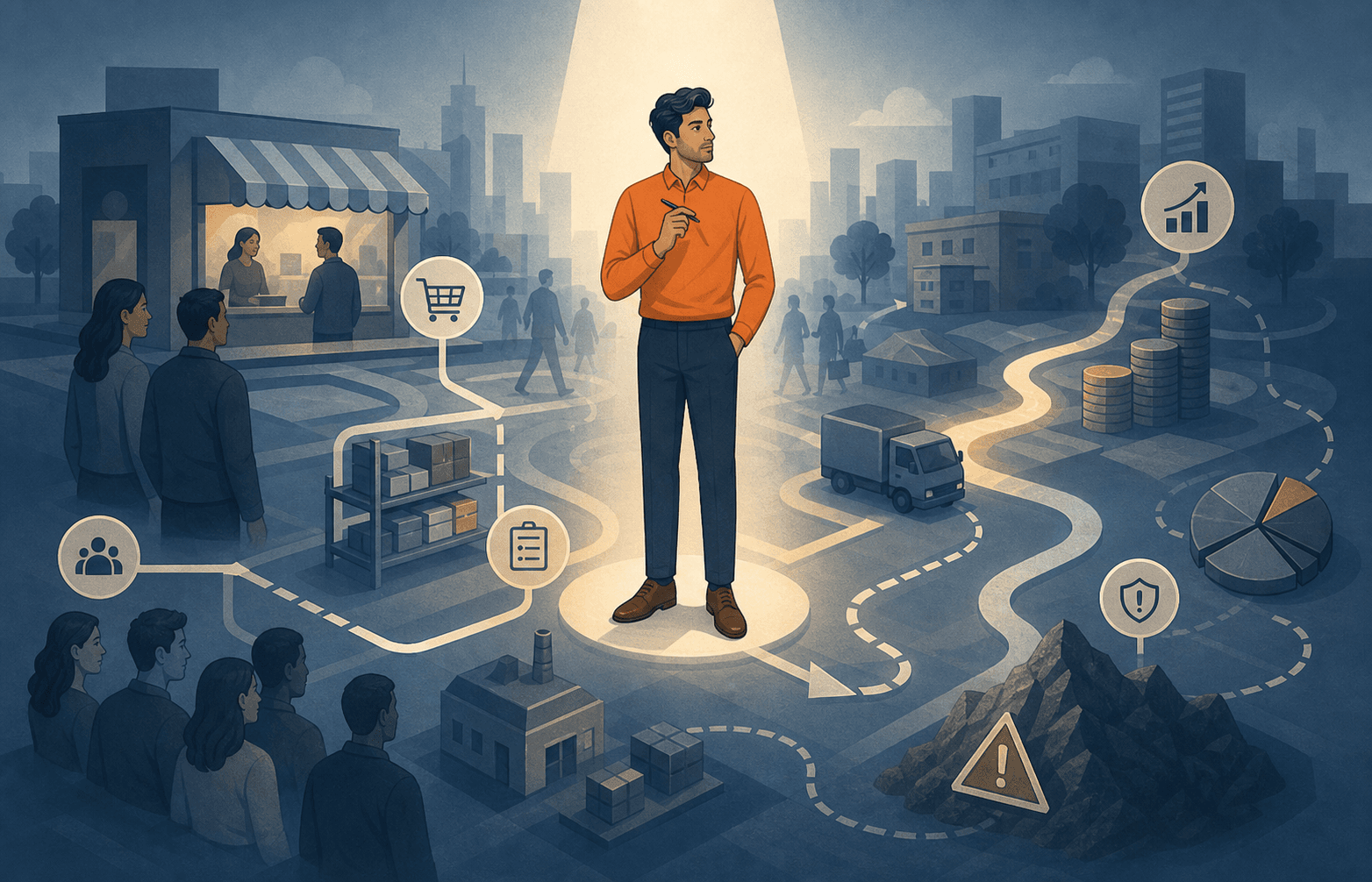 Editorial illustration of an analyst mapping a business model in a muted city setting